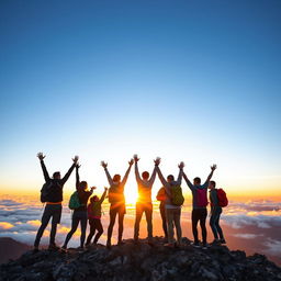 An inspiring scene of a group of diverse people standing on top of a mountain at sunrise, arms raised in celebration and joy, with colorful hiking gear, surrounded by breathtaking views of clouds and distant peaks, radiating an atmosphere of achievement and camaraderie
