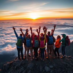 An inspiring scene of a group of diverse people standing on top of a mountain at sunrise, arms raised in celebration and joy, with colorful hiking gear, surrounded by breathtaking views of clouds and distant peaks, radiating an atmosphere of achievement and camaraderie