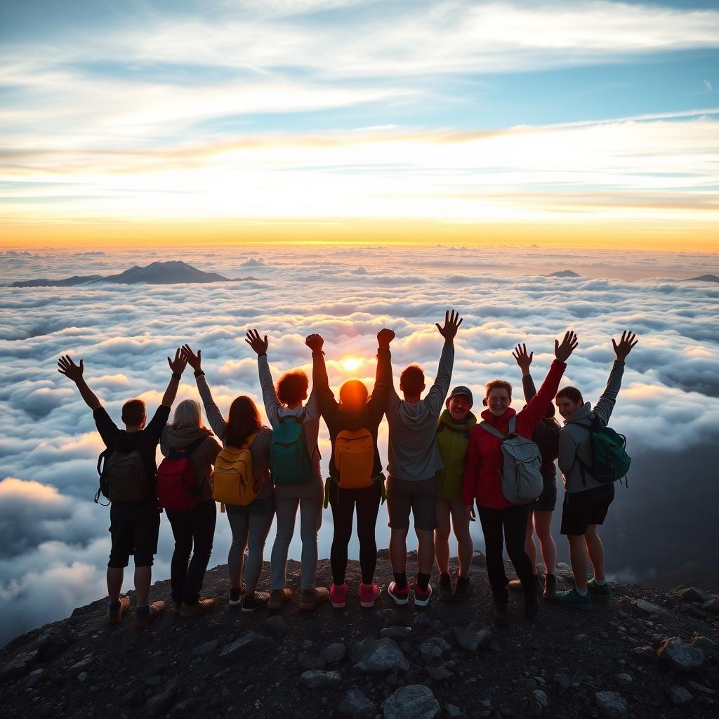 An inspiring scene of a group of diverse people standing on top of a mountain at sunrise, arms raised in celebration and joy, with colorful hiking gear, surrounded by breathtaking views of clouds and distant peaks, radiating an atmosphere of achievement and camaraderie