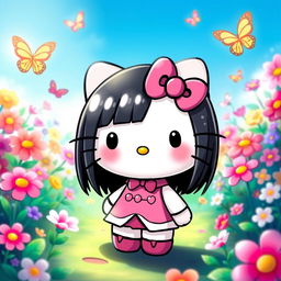 A cute and cheerful Hello Kitty character with straight black hair, wearing her iconic pink bow and a stylish outfit