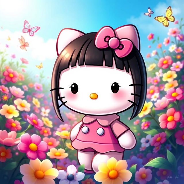 A cute and cheerful Hello Kitty character with straight black hair, wearing her iconic pink bow and a stylish outfit