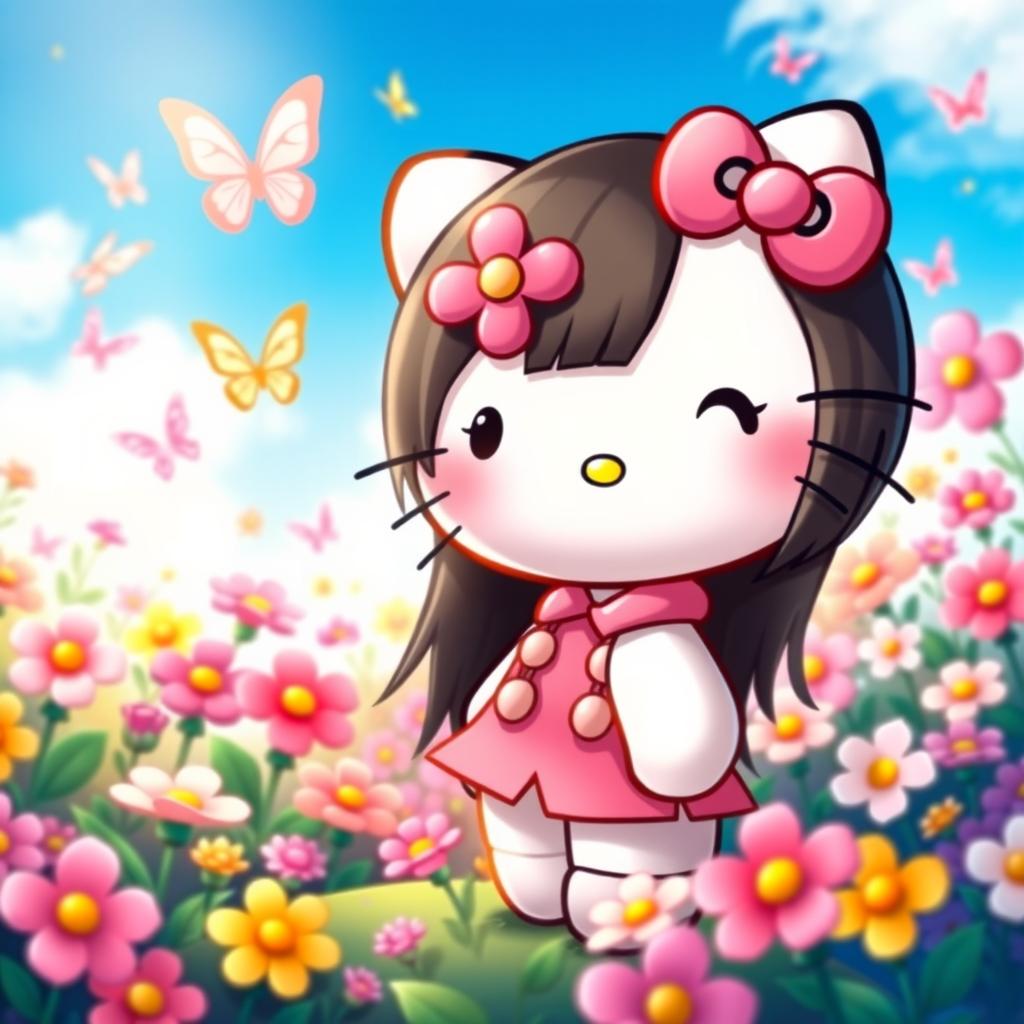 A cute and cheerful Hello Kitty character with straight black hair, wearing her iconic pink bow and a stylish outfit