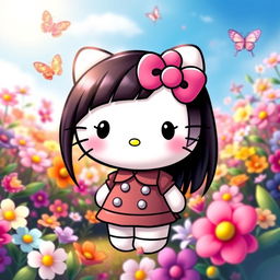 A cute and cheerful Hello Kitty character with straight black hair, wearing her iconic pink bow and a stylish outfit
