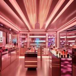 Display a glamorous cosmetics shop featuring an optimal, modern light system. Highlight the illuminating fixtures on sleek makeup displays and ambient lighting that enhances the vibrancy of the products