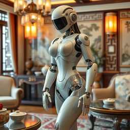 A sexy robot girl from China with large breasts, a small waist, and an exceptionally curvy figure