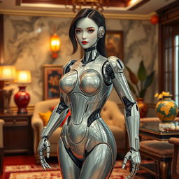 A sexy robot girl from China with large breasts, a small waist, and an exceptionally curvy figure