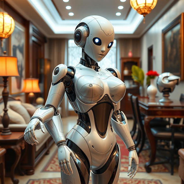 A sexy robot girl from China with large breasts, a small waist, and an exceptionally curvy figure