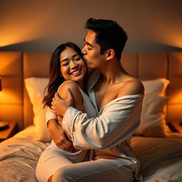An intimate scene featuring a Chinese man hugging and kissing a beautiful, sexy woman in cozy pajamas in a softly illuminated bedroom at night