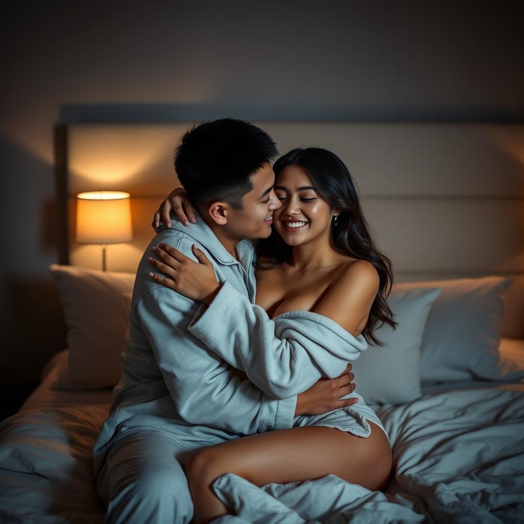 An intimate scene featuring a Chinese man hugging and kissing a beautiful, sexy woman in cozy pajamas in a softly illuminated bedroom at night