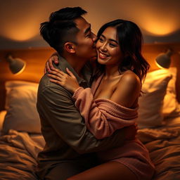 An intimate scene featuring a Chinese man hugging and kissing a beautiful, sexy woman in cozy pajamas in a softly illuminated bedroom at night