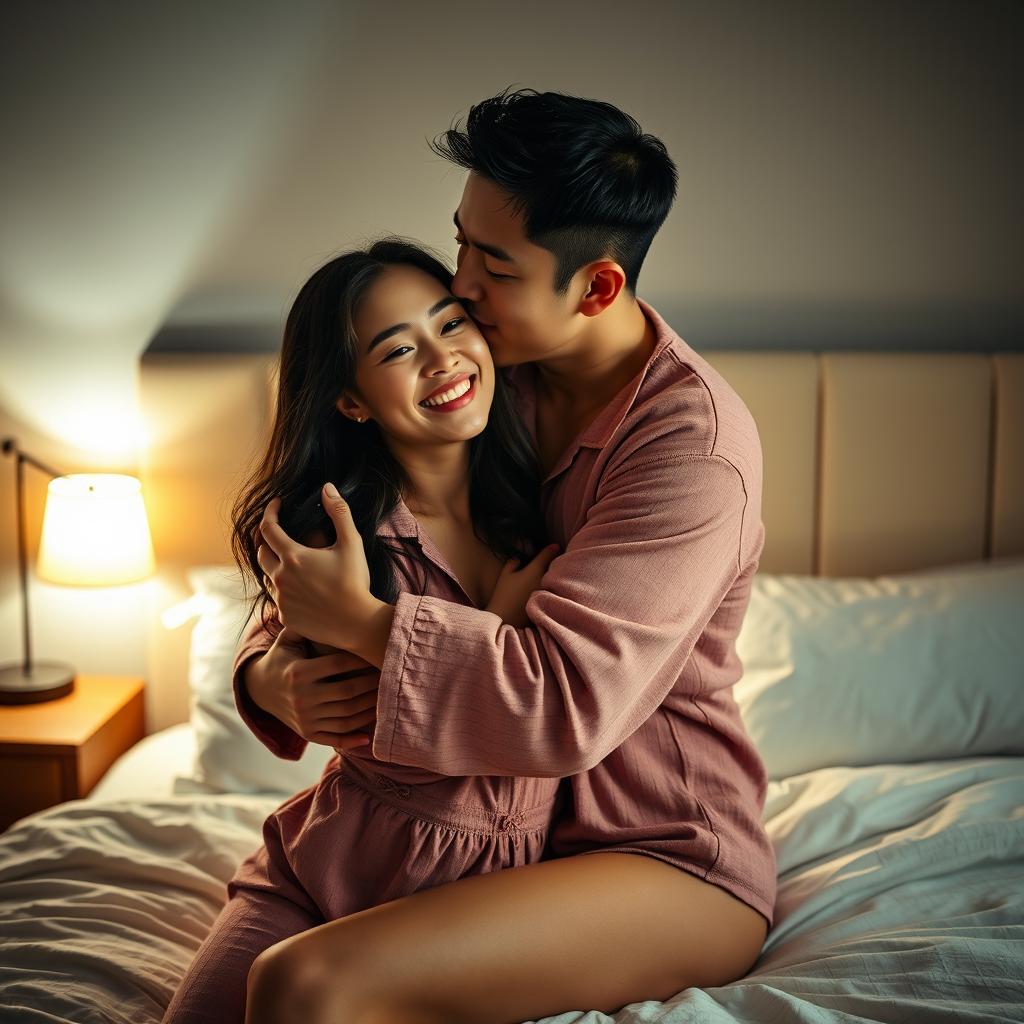 An intimate scene featuring a Chinese man hugging and kissing a beautiful, sexy woman in cozy pajamas in a softly illuminated bedroom at night