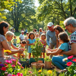 An uplifting scene depicting a small community gathering in a bright, colorful park, with people of various ages engaging in acts of kindness, such as helping each other, planting trees, and distributing food