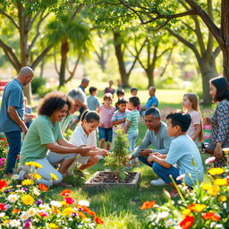 An uplifting scene depicting a small community gathering in a bright, colorful park, with people of various ages engaging in acts of kindness, such as helping each other, planting trees, and distributing food