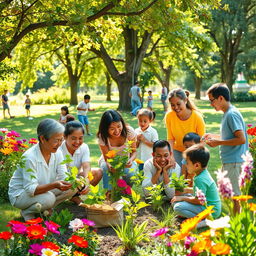 An uplifting scene depicting a small community gathering in a bright, colorful park, with people of various ages engaging in acts of kindness, such as helping each other, planting trees, and distributing food