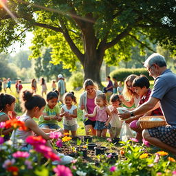 An uplifting scene depicting a small community gathering in a bright, colorful park, with people of various ages engaging in acts of kindness, such as helping each other, planting trees, and distributing food