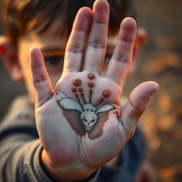 A close-up of a boy's hand displaying a unique and mysterious handprint left by a strange creature
