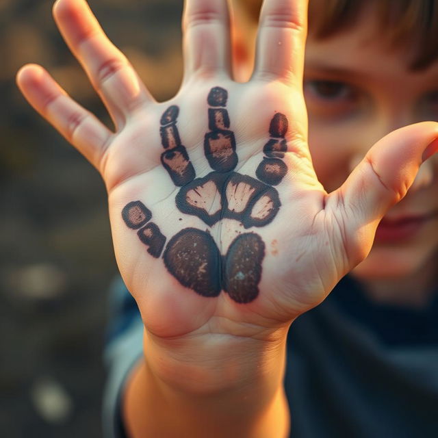 A close-up of a boy's hand displaying a unique and mysterious handprint left by a strange creature