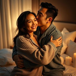 An intimate scene featuring a Chinese man warmly hugging and kissing a beautiful, sexy woman wearing snug pajamas in a softly lit bedroom at night