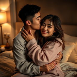 An intimate scene featuring a Chinese man warmly hugging and kissing a beautiful, sexy woman wearing snug pajamas in a softly lit bedroom at night