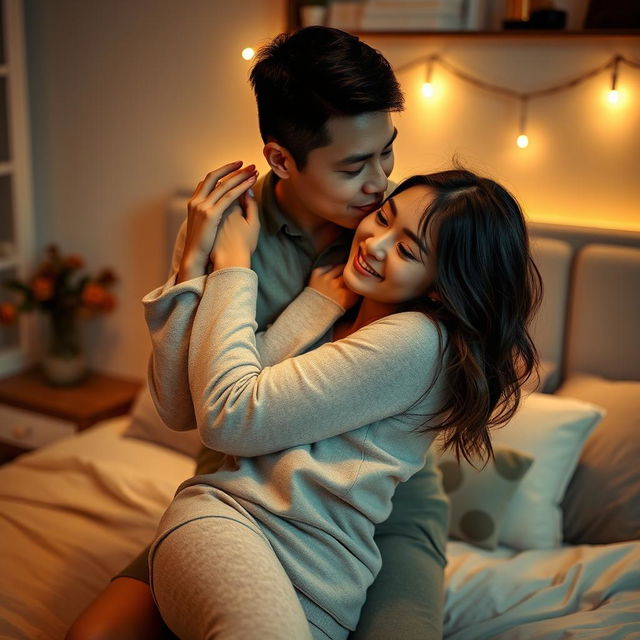 An intimate scene featuring a Chinese man warmly hugging and kissing a beautiful, sexy woman wearing snug pajamas in a softly lit bedroom at night