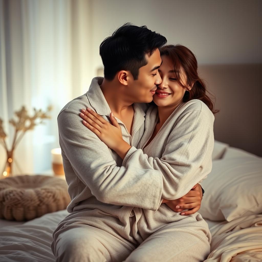 An intimate scene featuring a Chinese man warmly hugging and kissing a beautiful, sexy woman wearing snug pajamas in a softly lit bedroom at night