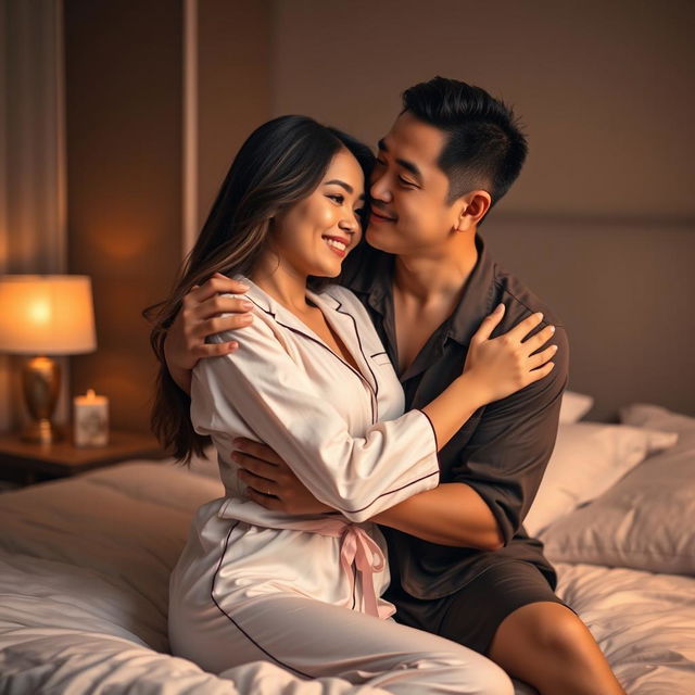 A romantic scene depicting a Chinese man gently hugging and kissing a beautiful, sexy woman dressed in stylish pajamas in a softly lit bedroom at night