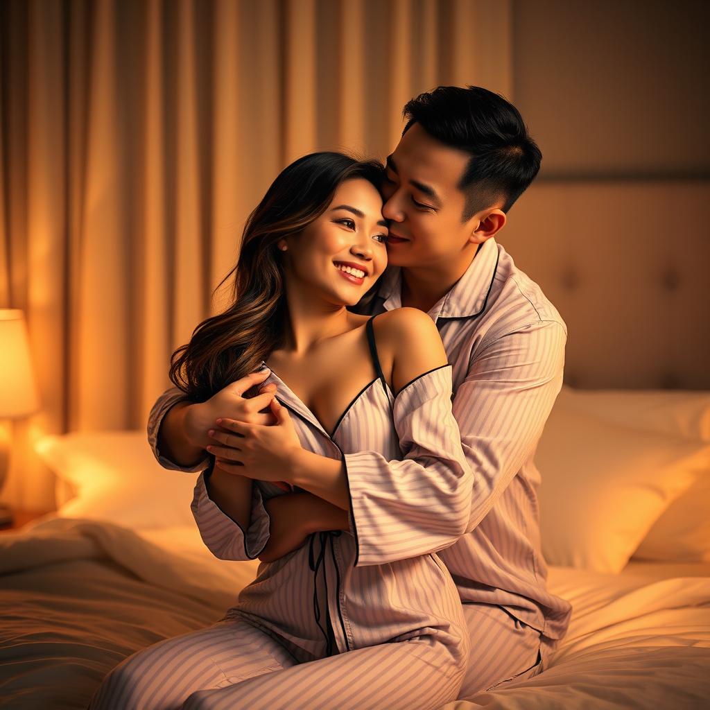 A romantic scene depicting a Chinese man gently hugging and kissing a beautiful, sexy woman dressed in stylish pajamas in a softly lit bedroom at night