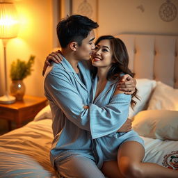 A romantic scene depicting a Chinese man gently hugging and kissing a beautiful, sexy woman dressed in stylish pajamas in a softly lit bedroom at night