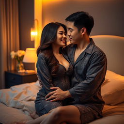 A romantic scene depicting a Chinese man gently hugging and kissing a beautiful, sexy woman dressed in stylish pajamas in a softly lit bedroom at night