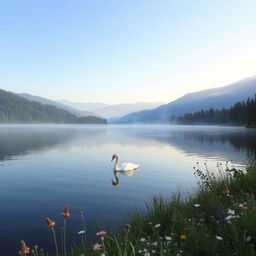 A serene landscape featuring a tranquil lake surrounded by lush, green forests and distant mountains under a clear blue sky