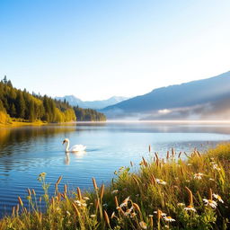 A serene landscape featuring a tranquil lake surrounded by lush, green forests and distant mountains under a clear blue sky