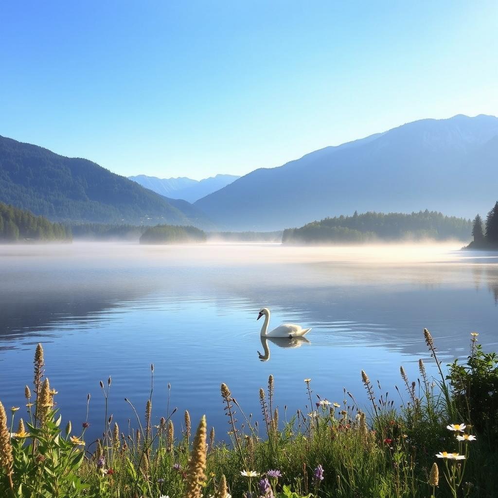 A serene landscape featuring a tranquil lake surrounded by lush, green forests and distant mountains under a clear blue sky