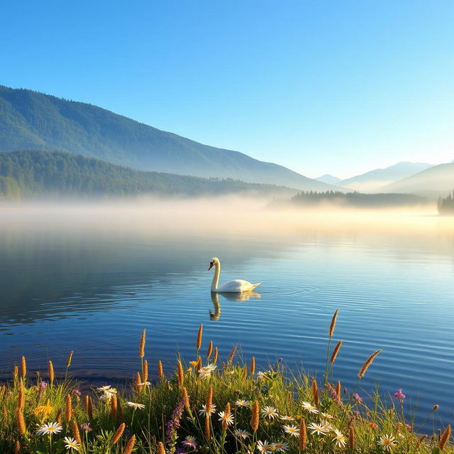 A serene landscape featuring a tranquil lake surrounded by lush, green forests and distant mountains under a clear blue sky