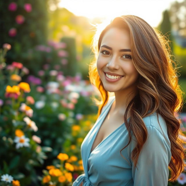 A close-up portrait of a person standing in a beautiful garden, surrounded by colorful blooming flowers and green foliage