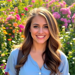 A close-up portrait of a person standing in a beautiful garden, surrounded by colorful blooming flowers and green foliage