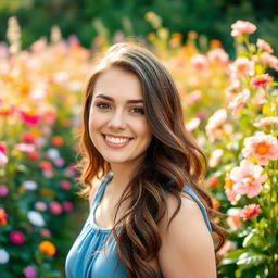 A close-up portrait of a person standing in a beautiful garden, surrounded by colorful blooming flowers and green foliage
