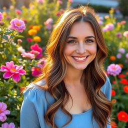 A close-up portrait of a person standing in a beautiful garden, surrounded by colorful blooming flowers and green foliage