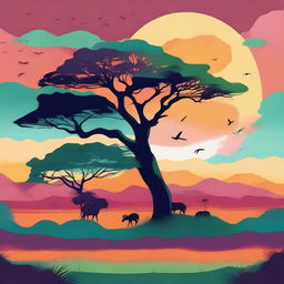 A vibrant, high-quality digital art illustration of the African savannah using a palette of four distinct colors