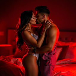 A passionate scene of a man kissing a beautiful, sexy woman in stylish pajamas in a dimly lit bedroom at night, accented by a warm red light creating an intimate atmosphere