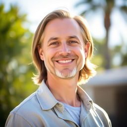 A profile photo of a confident adult person with a friendly smile, wearing a casual outfit, standing in a bright outdoor setting with greenery in the background