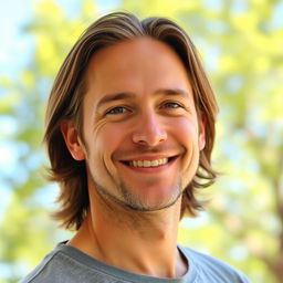 A profile photo of a confident adult person with a friendly smile, wearing a casual outfit, standing in a bright outdoor setting with greenery in the background