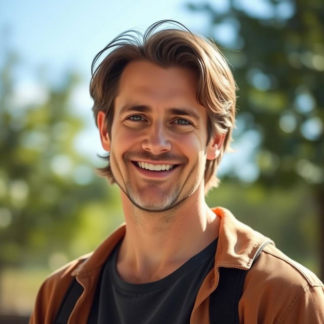 A profile photo of a confident adult person with a friendly smile, wearing a casual outfit, standing in a bright outdoor setting with greenery in the background