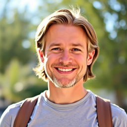 A profile photo of a confident adult person with a friendly smile, wearing a casual outfit, standing in a bright outdoor setting with greenery in the background