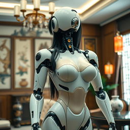 A sexy female robot from China, designed with human-like skin that emphasizes large breasts and a tiny waist