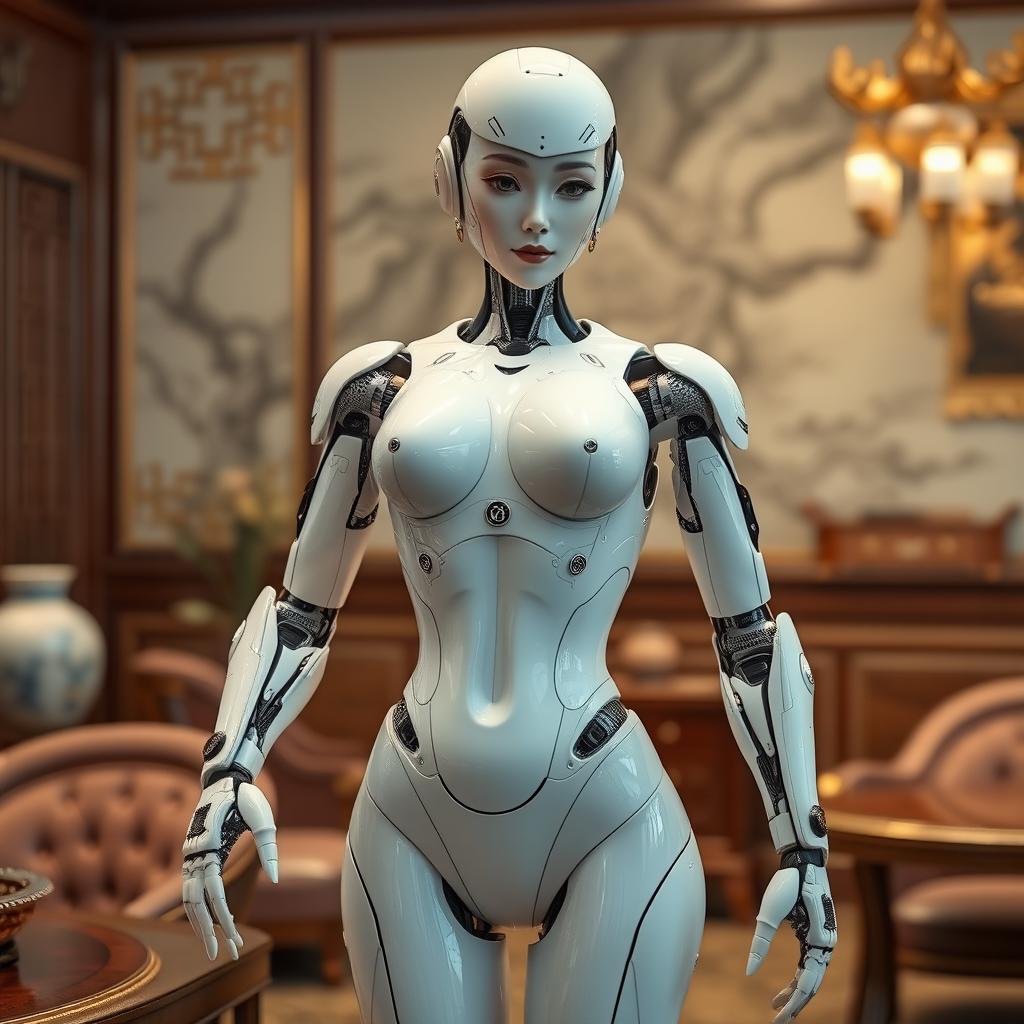 A sexy female robot from China, designed with human-like skin that emphasizes large breasts and a tiny waist