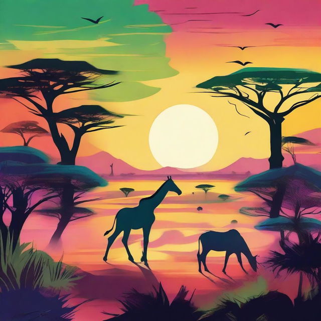 A vibrant, high-quality digital art illustration of the African savannah using a palette of four distinct colors