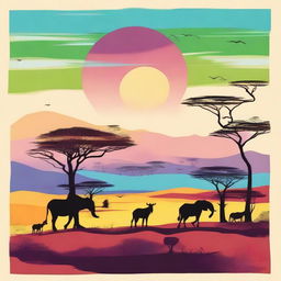 A vibrant, high-quality digital art illustration of the African savannah using a palette of four distinct colors