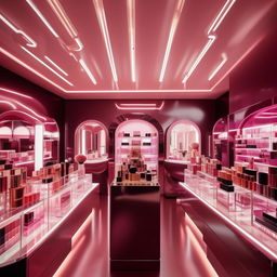 Display a glamorous cosmetics shop featuring an optimal, modern light system. Highlight the illuminating fixtures on sleek makeup displays and ambient lighting that enhances the vibrancy of the products