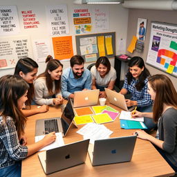 A dynamic and engaging scene showcasing a group of enthusiastic advertising students working together on a marketing campaign for a donation drive
