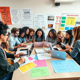 A dynamic and engaging scene showcasing a group of enthusiastic advertising students working together on a marketing campaign for a donation drive